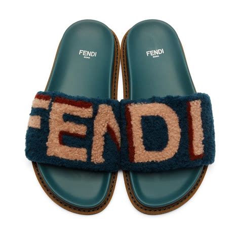 fendi blue shearling logo slides|Women's Designer Slides .